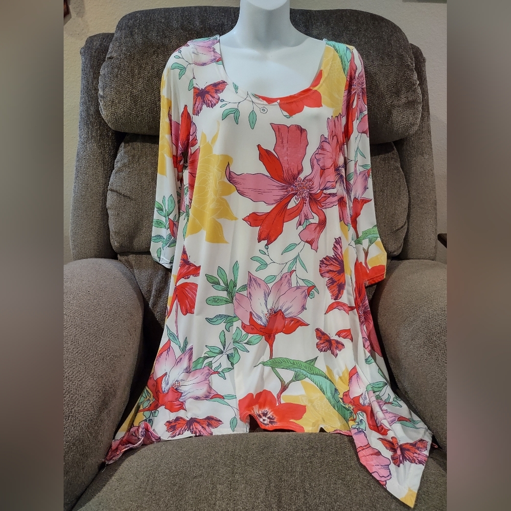 White Mark Tropical Floral Art Tunic Top XL